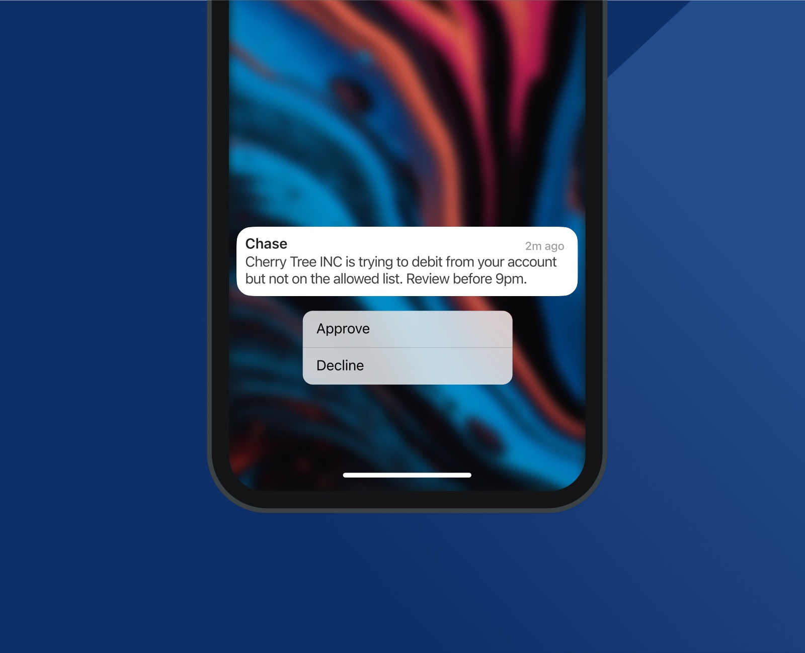 Concept: a push notification with approve and decline actions for a flagged debit
