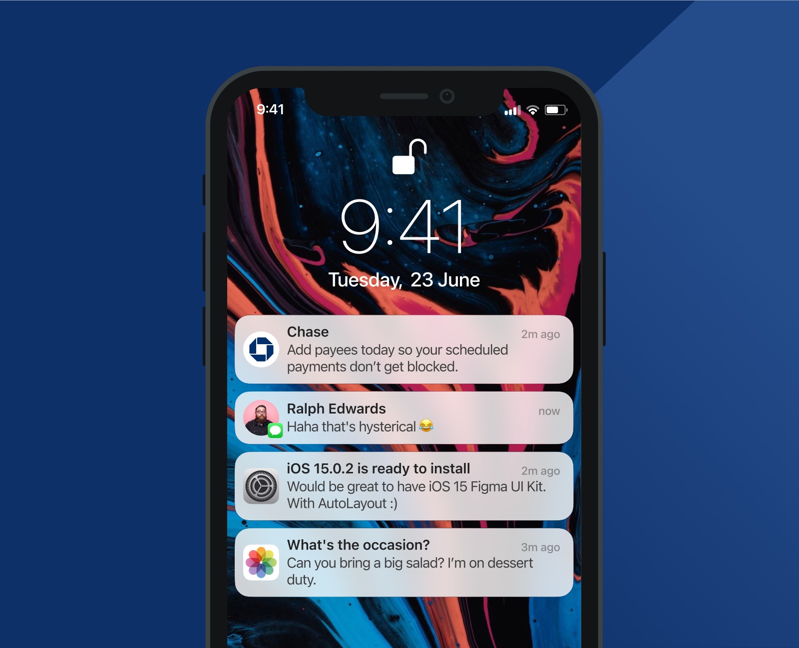 Concept: a lock screen notification from Chase prompting the customer to add payees