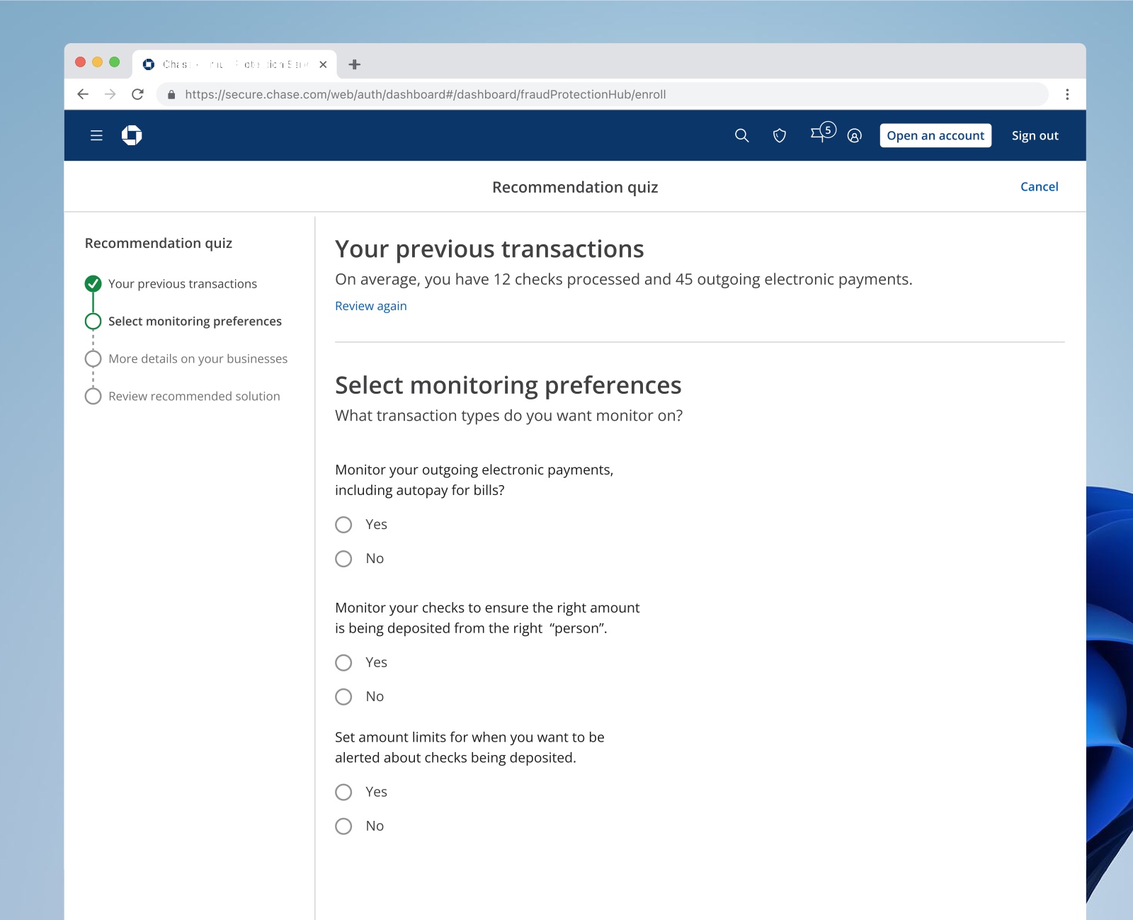 Concept: a recommendation quiz that suggests fraud protection products based on past transactions