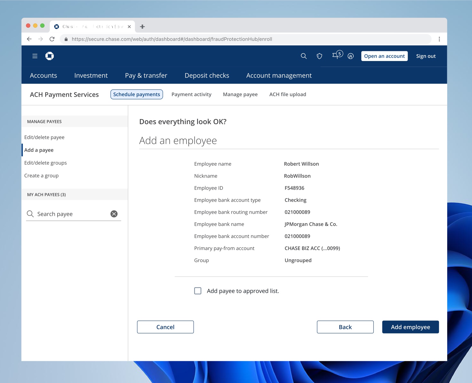 Concept: an option to add a payee to the approved list while setting them up in ACH Payment Services