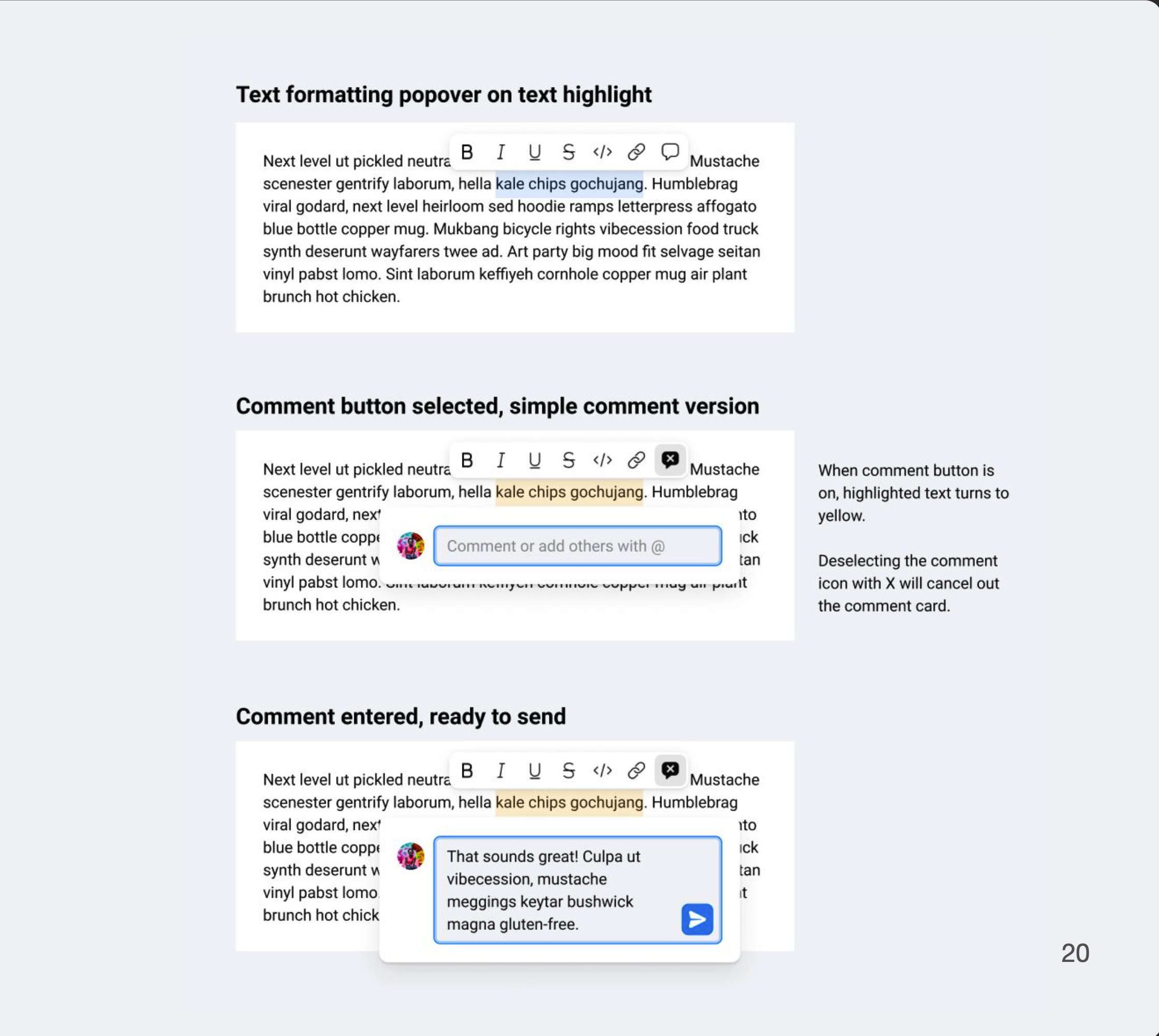 Inline text editing, formatting and commenting